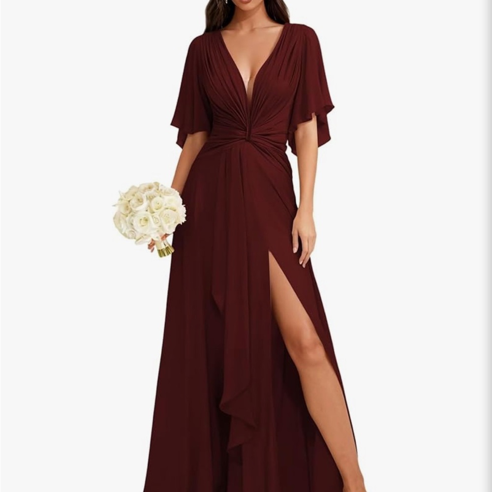 Burgundy Deep V-Neck Maxi Dress with Side Slit